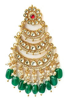 Gold Finish Kundan Polki & Green Beaded Chandelier Earrings