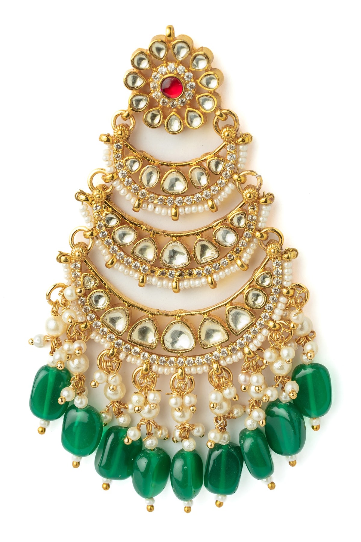 Gold Finish Kundan Polki & Green Beaded Chandelier Earrings