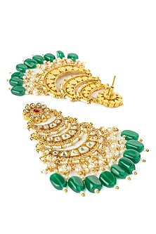Gold Finish Kundan Polki & Green Beaded Chandelier Earrings
