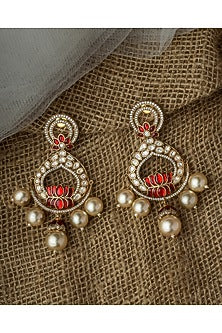 Gold Finish Kundan Polki & Red Gemstone Earrings