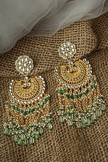 Gold Finish Kundan Polki & Green Stone Earrings