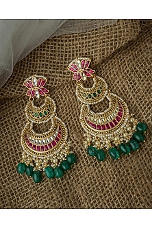 Gold Finish Multi-Colored Kundan Polki Chandelier Earrings