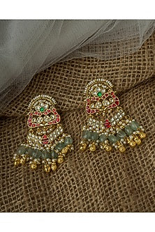 Gold Finish Kundan Polki & Green Beaded Chandelier Earrings