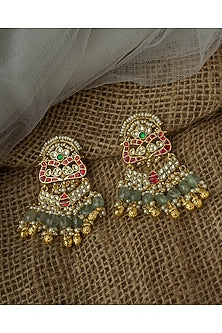 Gold Finish Kundan Polki & Green Beaded Chandelier Earrings