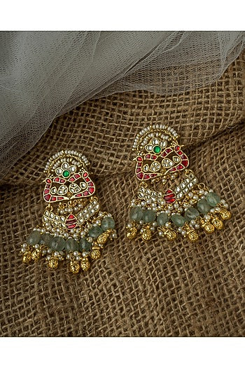 Gold Finish Kundan Polki & Green Beaded Chandelier Earrings