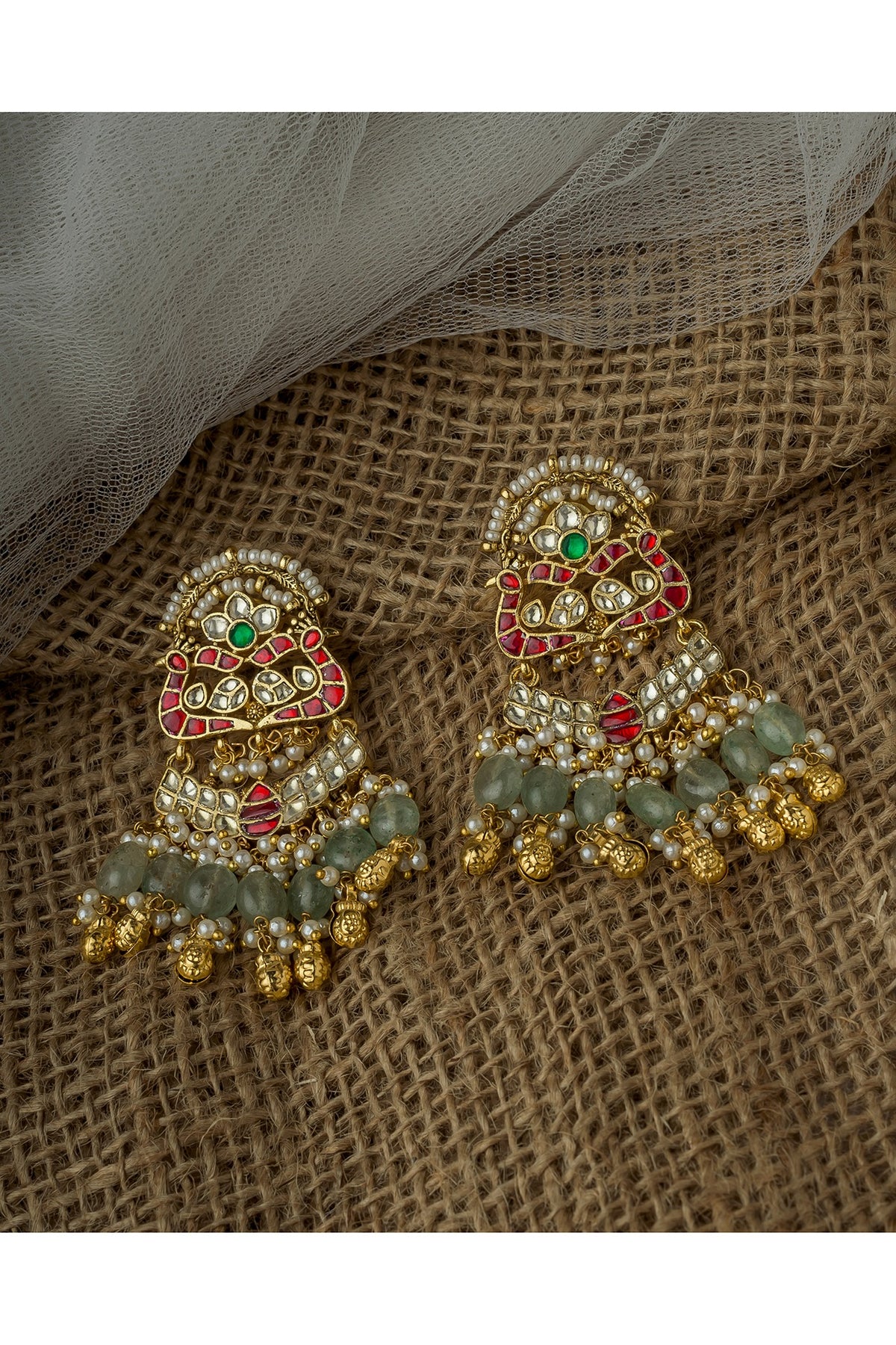 Gold Finish Kundan Polki & Green Beaded Chandelier Earrings