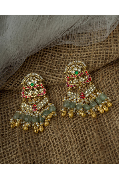 Gold Finish Kundan Polki & Green Beaded Chandelier Earrings