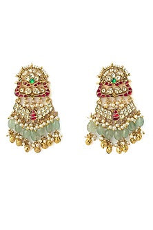 Gold Finish Kundan Polki & Green Beaded Chandelier Earrings