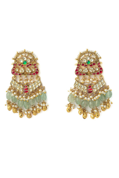 Gold Finish Kundan Polki & Green Beaded Chandelier Earrings