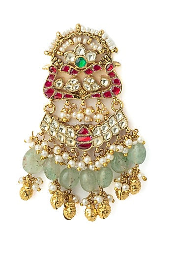 Gold Finish Kundan Polki & Green Beaded Chandelier Earrings