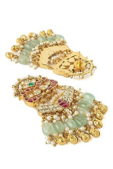 Gold Finish Kundan Polki & Green Beaded Chandelier Earrings