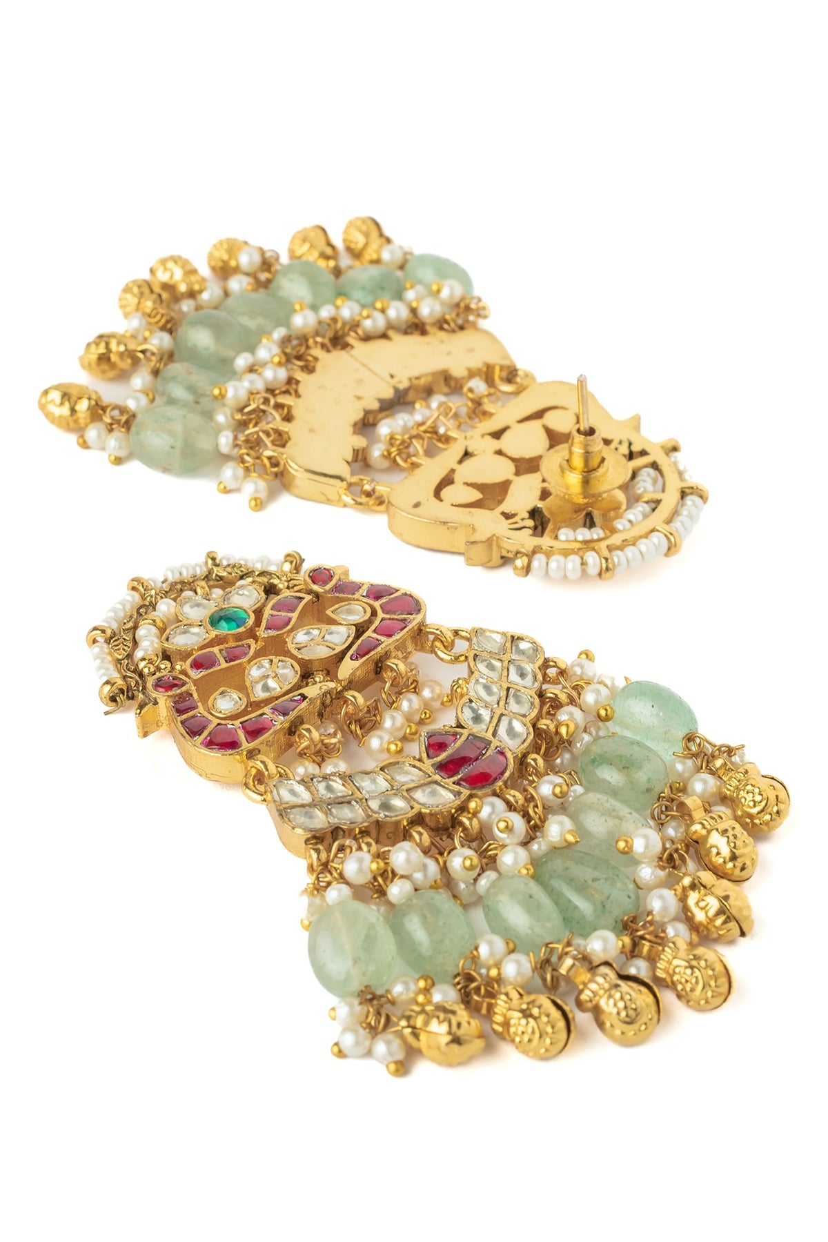 Gold Finish Kundan Polki & Green Beaded Chandelier Earrings