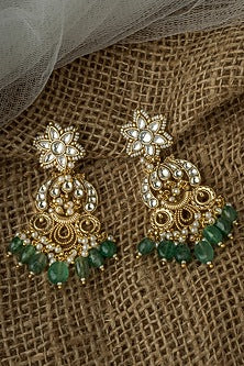 Gold Finish Kundan Polki & Green Beaded Chandelier Earrings