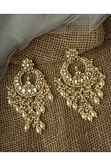 Gold Finish Kundan Polki & Pearl Drop Chandelier Earrings