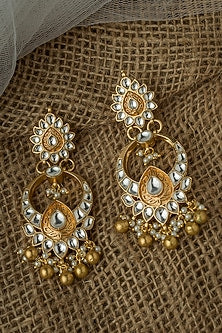 Gold Finish Kundan Polki & Bead Drop Chandelier Earrings