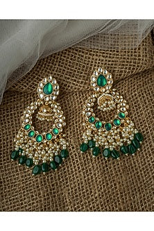 Gold Finish Kundan Polki & Green Gemstone Chandelier Earrings