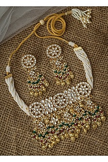 Gold Finish Kundan Polki & Pearl Choker Necklace Set
