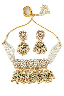 Gold Finish Kundan Polki & Pearl Choker Necklace Set