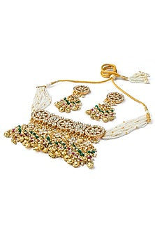 Gold Finish Kundan Polki & Pearl Choker Necklace Set