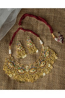 Gold Finish Green Stone & Motif Choker Necklace Set