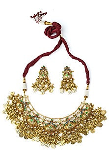 Gold Finish Green Stone & Motif Choker Necklace Set