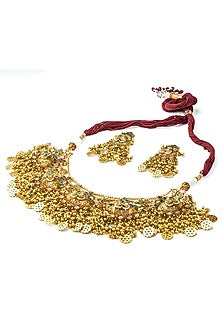 Gold Finish Green Stone & Motif Choker Necklace Set