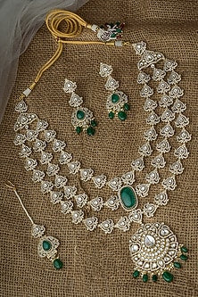 Gold Finish Kundan Polki & Emerald Green Stone Layered Necklace Set