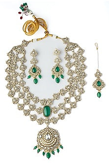 Gold Finish Kundan Polki & Emerald Green Stone Layered Necklace Set