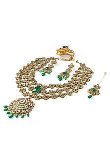 Gold Finish Kundan Polki & Emerald Green Stone Layered Necklace Set