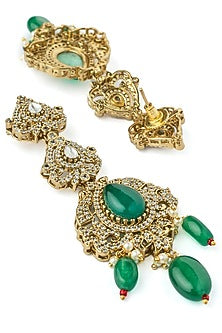 Gold Finish Kundan Polki & Emerald Green Stone Layered Necklace Set