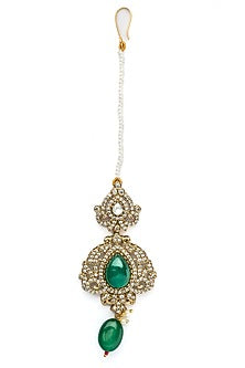 Gold Finish Kundan Polki & Emerald Green Stone Layered Necklace Set