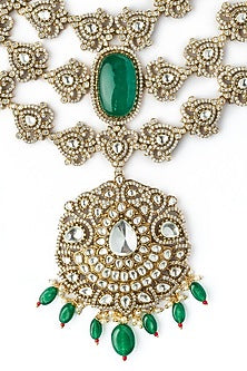 Gold Finish Kundan Polki & Emerald Green Stone Layered Necklace Set