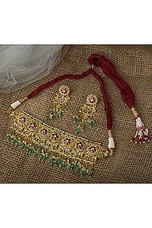 Gold Finish Kundan Polki & Red Stone Handcrafted Choker Necklace Set