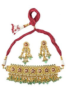 Gold Finish Kundan Polki & Red Stone Handcrafted Choker Necklace Set