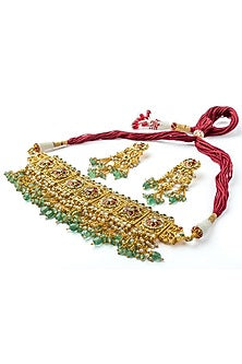 Gold Finish Kundan Polki & Red Stone Handcrafted Choker Necklace Set