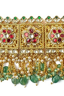Gold Finish Kundan Polki & Red Stone Handcrafted Choker Necklace Set