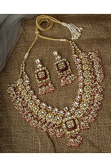Gold Finish Kundan Polki & Red Gemstone Necklace Set