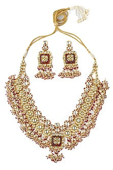 Gold Finish Kundan Polki & Red Gemstone Necklace Set
