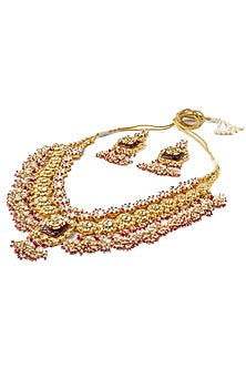Gold Finish Kundan Polki & Red Gemstone Necklace Set