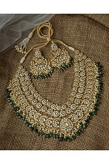 Gold Finish Kundan Polki & Green Beaded Handcrafted Necklace Set