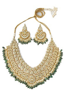 Gold Finish Kundan Polki & Green Beaded Handcrafted Necklace Set