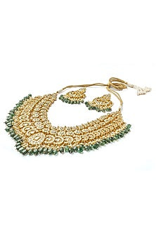 Gold Finish Kundan Polki & Green Beaded Handcrafted Necklace Set