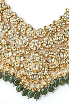 Gold Finish Kundan Polki & Green Beaded Handcrafted Necklace Set