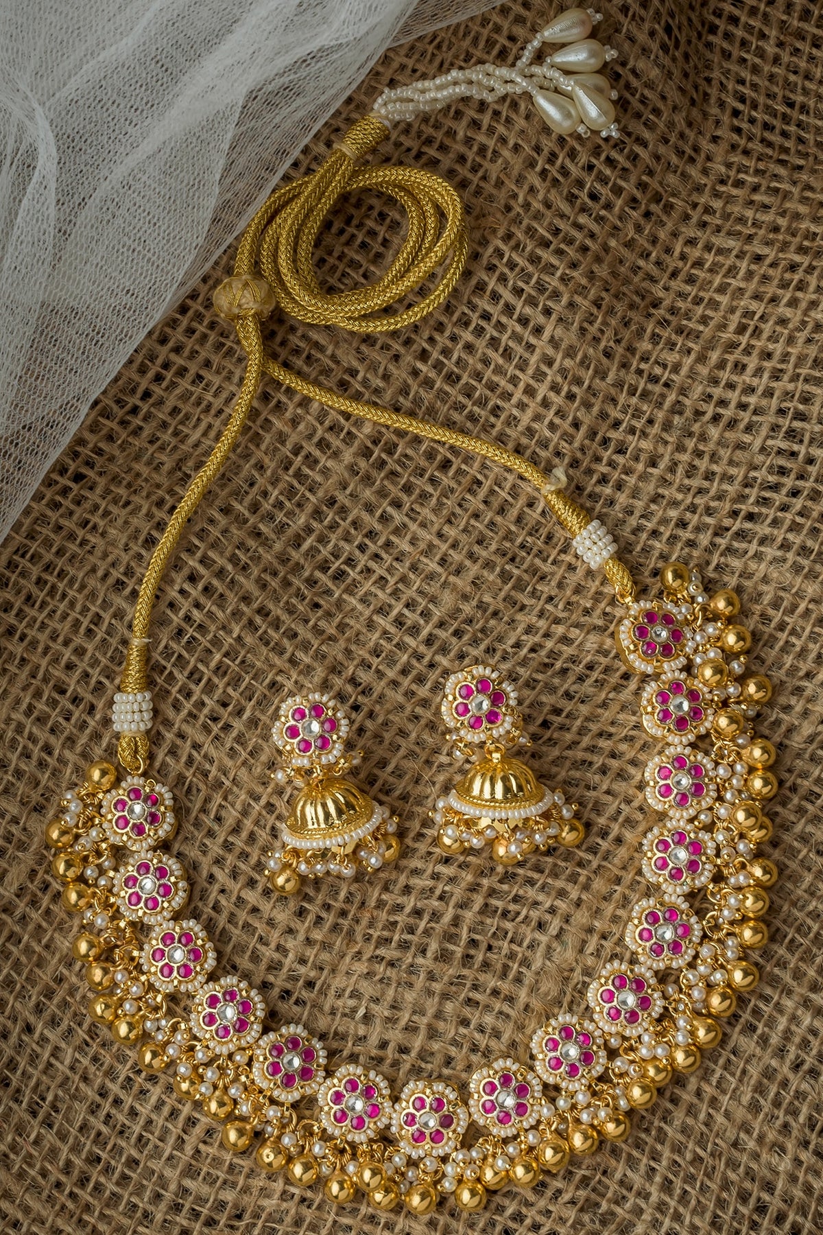 Gold Finish Pink Stone Necklace Set