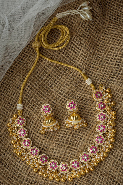 Gold Finish Pink Stone Necklace Set
