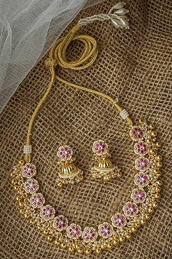 Gold Finish Pink Stone Necklace Set
