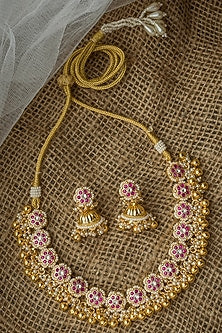 Gold Finish Pink Stone Necklace Set