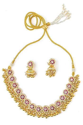Gold Finish Pink Stone Necklace Set