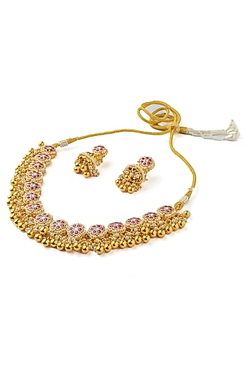 Gold Finish Pink Stone Necklace Set