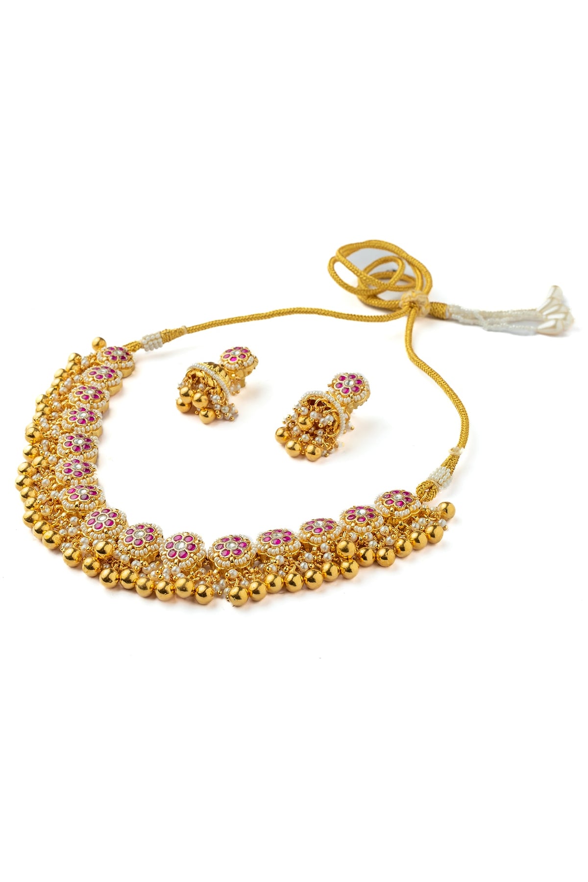 Gold Finish Pink Stone Necklace Set
